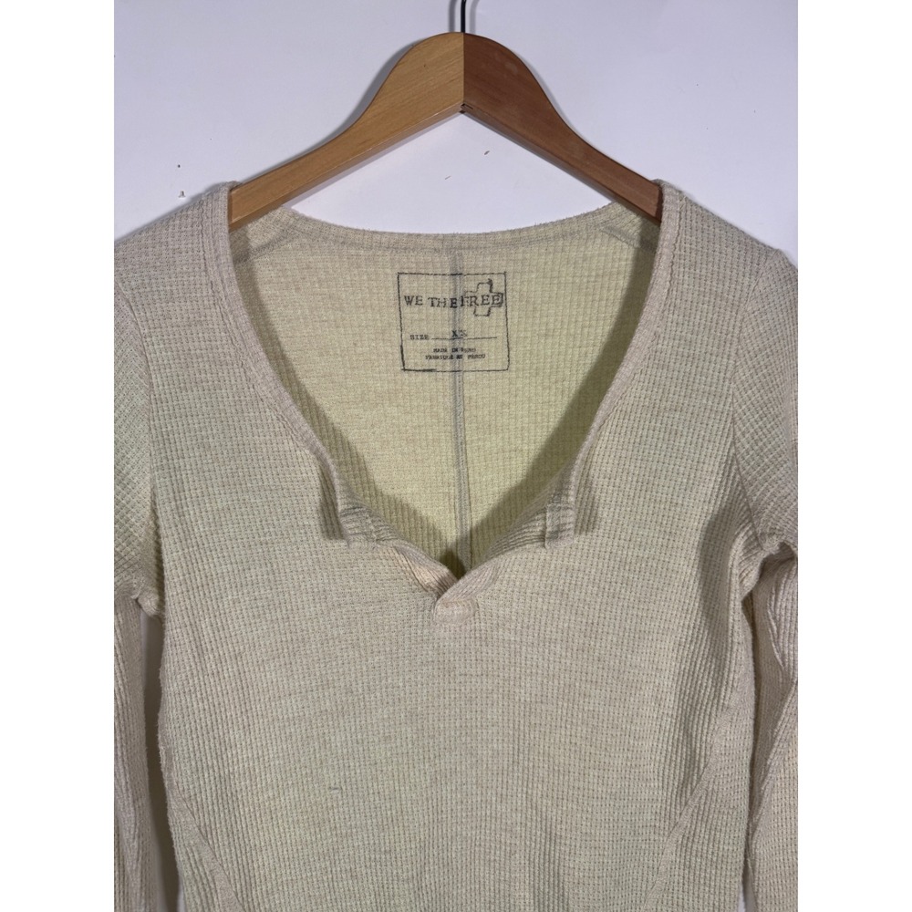 We The Free Free People Cream Waffle Knit Thermal Notched Henley Top XS